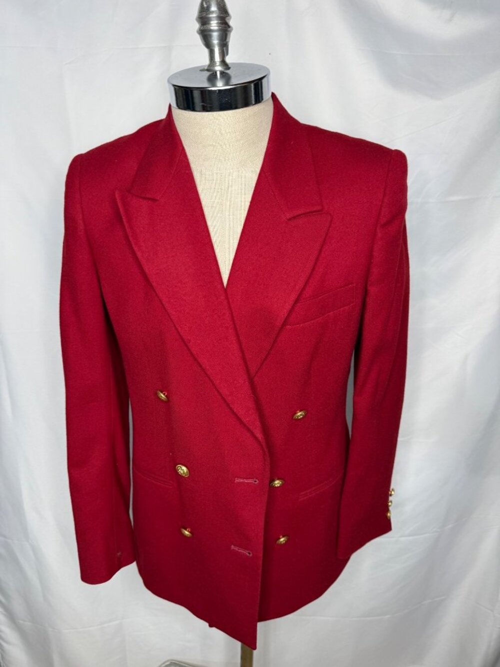 Vintage Maroon Red Wool Double Breasted Blazer Sz 8 Gold Crest Buttons